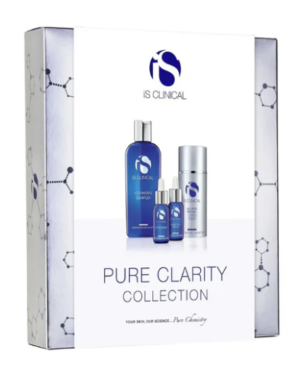 The IS Clinical Pure Clarity Collection boxed skincare set displays four blue and silver bottles on the front, set against a science-inspired background that highlights its innovative appeal.